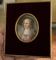 Antique Miniature Painting Portrait Madonna after Leonardo Da Vinci Annunciation