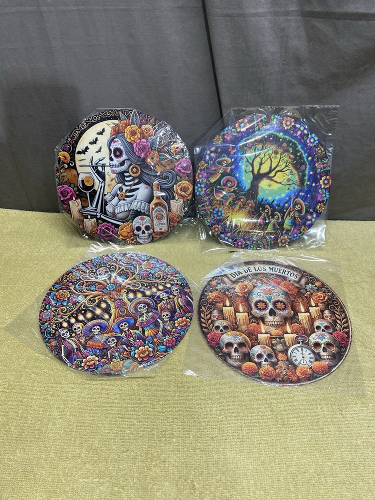 LOT OF 4 NEW Mexican Day Of The Dead Skeleton Round Aluminum Signs
