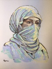 Original Pastel And Ink Sketch, 9×12 Inches, Palestinian Woman In 3/4 View