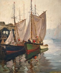 Anthony Thieme Oil Painting Mackerel Fleet Cape Ann Maritime Scene 30×36