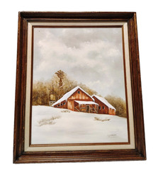 VTG 25×21 Framed Oil Painting Winter Country Farm Landscape Red Barn Windmill