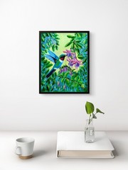 Original Nature 8×10 Canvas Painting Signed Blue Hummingbird Impressionist Decor