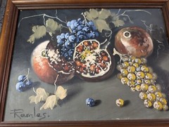Original Art Oil painting Still life Pomegranates and Grapes on Canvas. Framed.