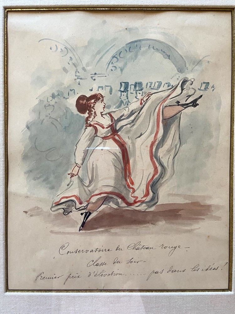 Original French Watercolor Painting Woman Dancing Can-Can Chateau Rouge France