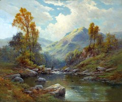 Oil painting Early spring landscape with fisher by brook on canvas