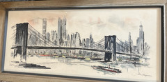Vintage John Haymson New York City Scape Waterfront Long Wall Paintings Brooklyn