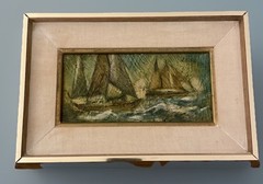 Vintage 1960’s Nautical Oil Painting Sail Boats Ocean Small Framed 8” X 12”