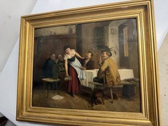 Johann Heine (1850-1910) Signed Oil Painting on Wood Panel Tavern Scene with Dog