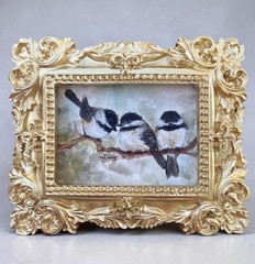 “Chickadee Party of Three” mini watercolor bird print • vintage ornate frame