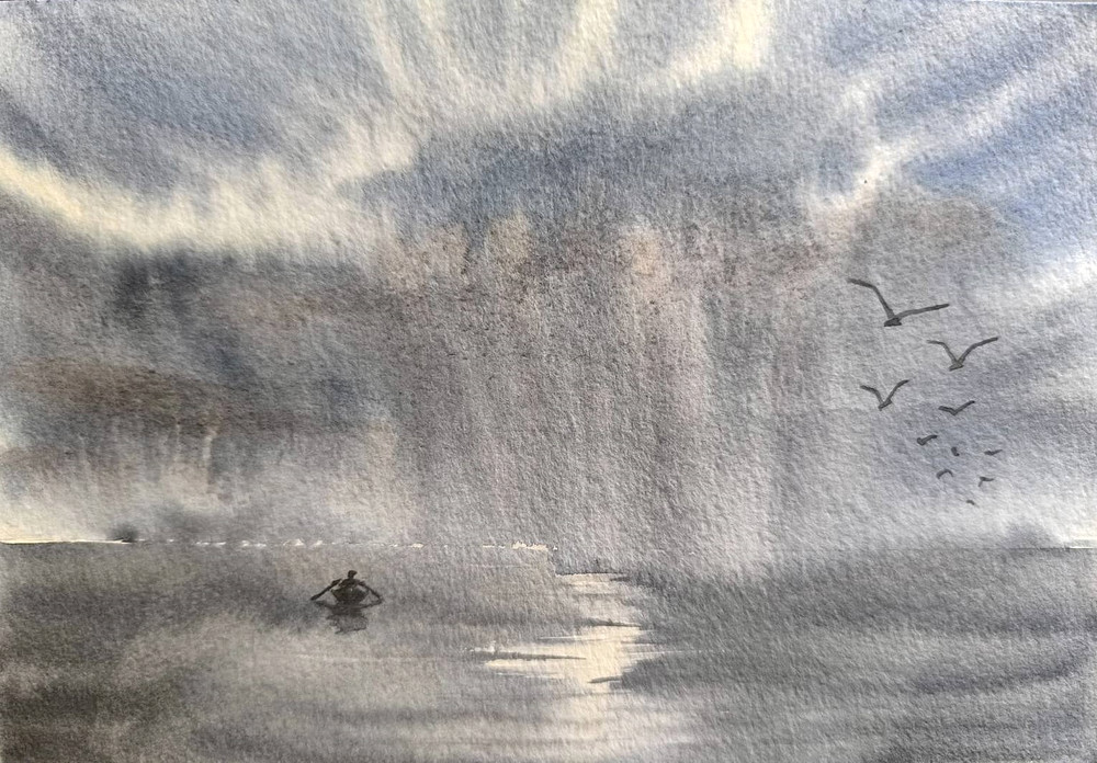 LONELY FISHERMAN BOAT SKY Original Art Painting Landscape Seascape Signed GiftA5