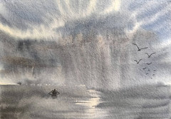 LONELY FISHERMAN BOAT SKY Original Art Painting Landscape Seascape Signed GiftA5