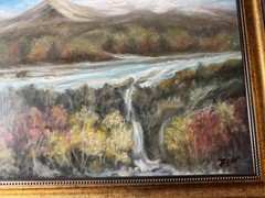 Large W Dickinson Acrylic Painting Mountain Landscape Waterfall River Framed Art