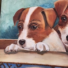 Jack Russell Terrier Puppies in Box Original Oil Painting 16×20 Canvas Dog Decor