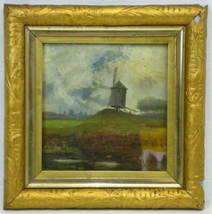 (B1295) Oil Painting Behind Glass „Landscape with Windmill“ Artist: A. Kirchoff
