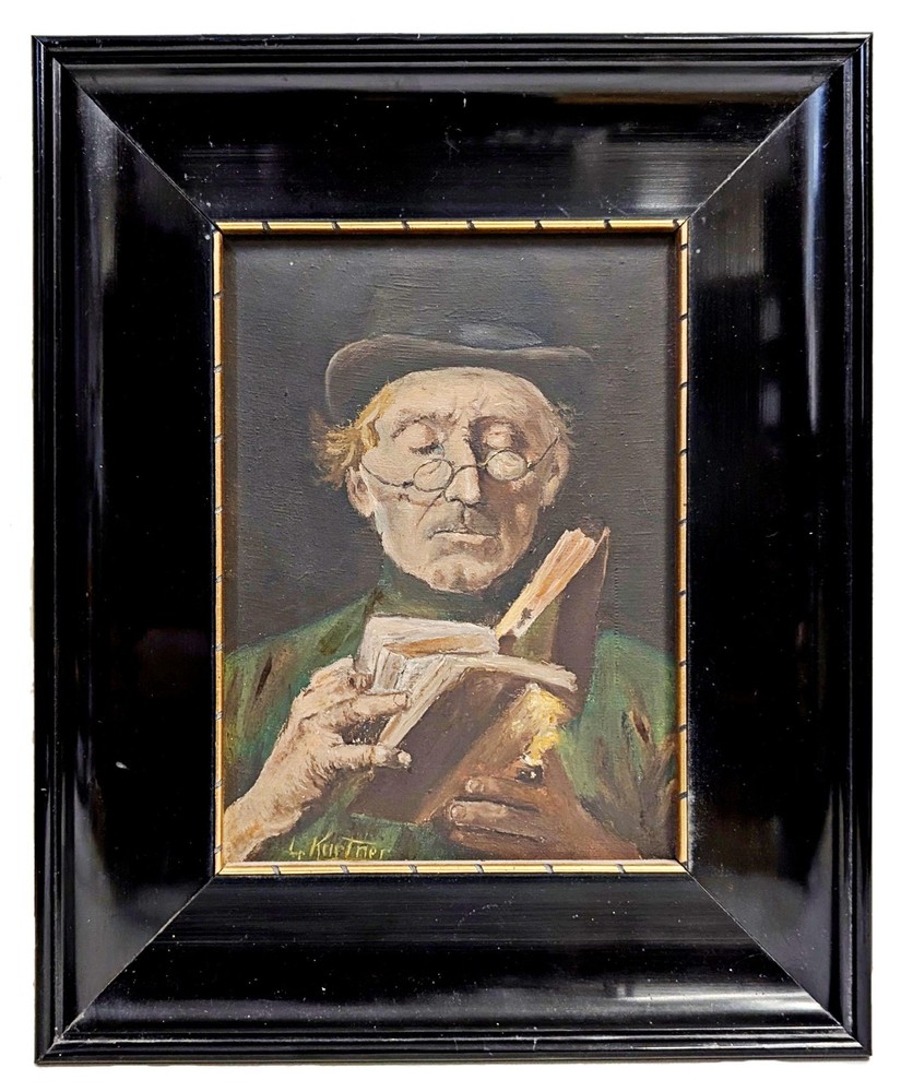 K. Th. Wagner – Reading Man Glasses Portrait Oil Painting Framed Signed