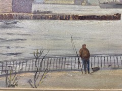 Mid-Century Oil Painting Fisherman Harbor Scandinavian B. Forsberg Artist