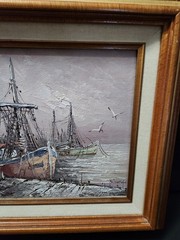 Vintage Framed Oil Painting Harbor Scene Fishing Boat Signed Florence Nautical