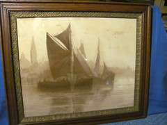 Antique Pastel Boston Harbor Skyline at Dawn by Clarence E. Braley