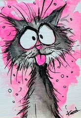 ACEO Funny Surprised Cat Acrylic Painting Whimsical cute Pink Art Cat lover OOAK