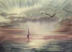 CLOUDY SKY BIRDS BOAT Original Modern Artwork Painting Landscape Art Seascape A4