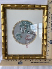 J CHENG Signed Watercolor Painting on Silk Chickadees In Pine And Berries Framed