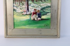 Vintage Couple In The Woods Landscape Oil Painting On Canvas Signed Illegible