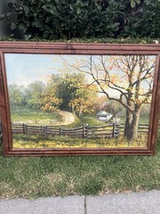 Art PAINTING OIL CANVAS LANDSCAPE Fall 3’ X 2’ Pastoral VINTAGE SIGNED T Mass