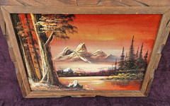 VTG 70s Velvet Painting Mountain Trees Water Landscape Hand Carved Wood Frame
