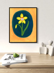 Daffodil Cat Flower Painting, Whimsical Cat Art 8×10