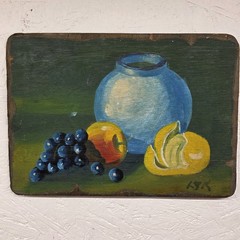 Vtg Original Painting Still Life on Wood Fruit Green Signed Art 10″ X 14″