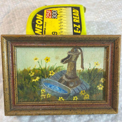 Vtg Miniature Original Painting Water Pump in Field of Sunflower 4-3/4”x3-1/4”