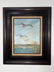 Vintage Seagull Coastal Landscape Painting – Signed Canvas – Rustic Nautical Art