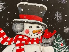 9 x 12 Framed Acrylic Painting on Canvas Board…“ Snowman and Cardinal“