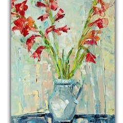 Textured Red Floral Still Life Original Oil Painting 20×16″ Canvas Wall Art