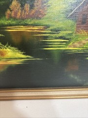 Vintage 1980s Original Art Oil Painting Cabin in Woods Landscape Water Signed