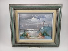 Lovely Beach Painting Vintage Wood Frame Lighthouse 15 X 13″