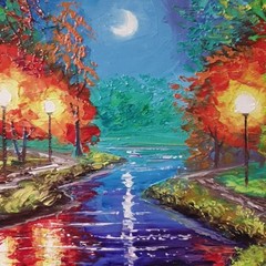 Autumn Night River Painting Park Lights Reflection Moon Path Wall Art Gift Decor