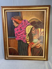 Market Harvest Women Colorful Textiles Gold Hoops Original Painting Signed Sal