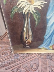 Vintage flemish school Madonna statue interior oil canvas painting signed