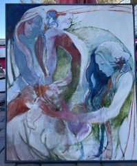 Theobald 1967 Original Oil On Canvas Two Woman Abstract Art31″X37″