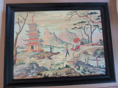 vintage Framed PBN Paint By Number Japanese Asian Scene 24″ x18″