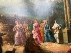19th Century – French Oil Painting – People in Ruins Comedia Del Arte Pierrot