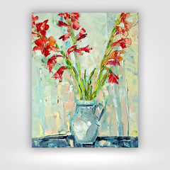 Textured Red Floral Still Life Original Oil Painting 20×16″ Canvas Wall Art