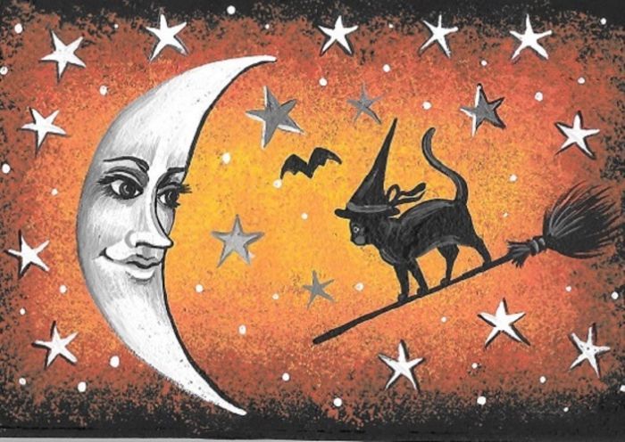 ACEO PRINT OF PAINTING HALLOWEEN WITCH BLACK CAT VINTAGE STYLE FOLK ART MOON BAT