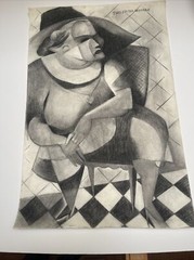 ANTIQUE DRAWING PORTRAIT MID CENTURY 36 INCH CUBISM LARGE WALTER E COHEN JR
