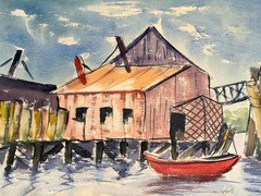 1953 Framed Watercolor Painting of Boatyard by James Vincent Cupoli