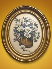 Vintage Oval Gold Frame Handpainted Daisies in watering can on Resin 5.25″X6.25″