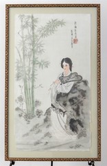 20th Century Chinese Rice paper Framed Artwork of Woman with a Fan 27″ Tall