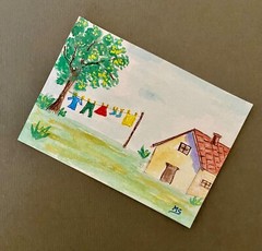 Country Living ORIGINAL ACEO painting Clothesline Art Farm house Laundry