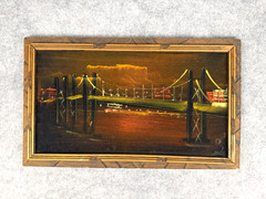 VTG Framed Landscape Painting Bridge Night Lights River Rustic Wall Art
